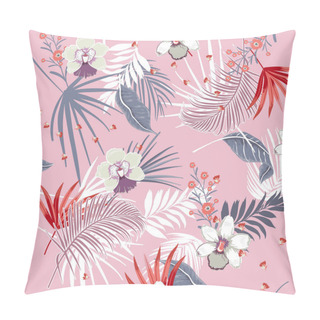 Personality  Hawaii Print Vector Seamless Beautiful Artistic Bright Summer Tropical Pattern With Exotic Forest. Colorful Original Stylish Floral Mix With Leaves  Background , On Lilac Purple Colors Pillow Covers