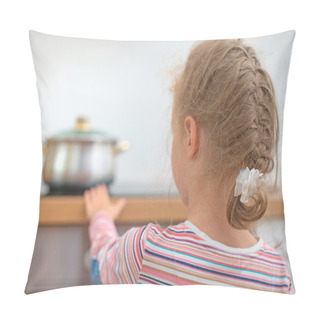 Personality  Little Girl Touches Hot Pan On The Stove. Dangerous Situation At Home.  Pillow Covers