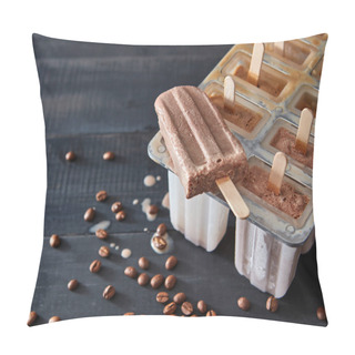 Personality  Cooking Chocolate Ice Creame And Candies In Ice Pop Molds On A Wooden Background With Copy Space. Homemade Prepare Concept Pillow Covers