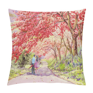 Personality  Male Couple Walking On The Street In The Morning Garden. Watercolor Landscape Original Painting Pink Color Of Wild Himalayan Cherry Flower And Emotion In Sky Cloud Background. Hand Panted Illustration Pillow Covers