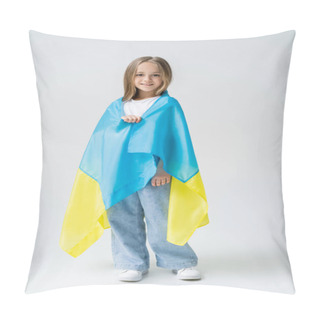 Personality  Full Length View Of Positive Girl Covered With Ukrainian Flag On Grey Pillow Covers