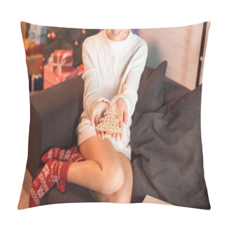 Personality  Cropped View Of Smiling Young Woman Sitting On Couch And Holding Gingerbread Cookie In Outstreched Hands At Christmas Time Pillow Covers