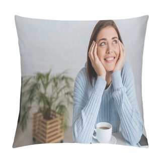Personality  Dreamy Young Woman Smiling Near Cup With Coffee  Pillow Covers