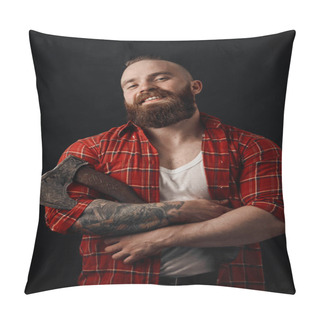 Personality  Smiling Bearded Man Holding Axe Looking At Camera On Black Background Pillow Covers