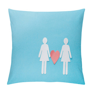 Personality  Top View Of Paper Cut Figures Of Homosexual Couple With Heart Isolated On Blue, Sexual Equality Concept  Pillow Covers