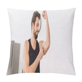 Personality  Panoramic Shot Of Handsome And Sportive Man Measuring Muscle On Hand  Pillow Covers