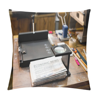 Personality  Magnifying Glass Over Newspapers With Economic News And Professional Paper Trimmer Machine  Pillow Covers
