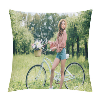 Personality  Young Beautiful Woman Standing Near Retro Bicycle With Wicker Basket Full Of Flowers In Forest Pillow Covers