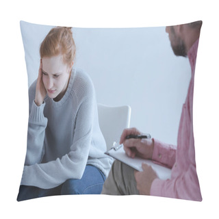 Personality  Young Woman With Emotional Problems Thinking About The Future And Talking To A Psychologist During An Individual Therapy Meeting. Pillow Covers