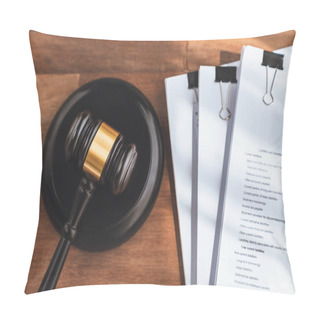 Personality  Closeup Top View Black Wooden Gavel Hammer And Legal Document On Wooden Office Desk Background As Justice And Legal System For Lawyer And Judge, Legal Authority And Fairness In Trials. Equility Pillow Covers