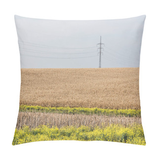 Personality  Golden Field Near Blooming Flowers And Power Line Against Blue Sky  Pillow Covers