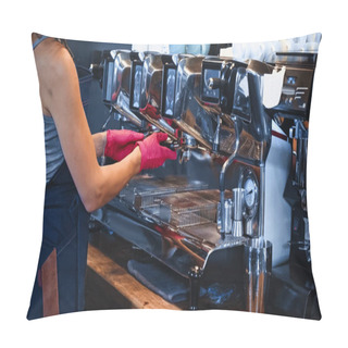 Personality  Partial View Of Barista Holding Portafilter In Coffee Shop Pillow Covers
