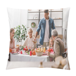 Personality  Family Members Sitting At Table And Smiling Father Pouring Wine In Thanksgiving Day    Pillow Covers