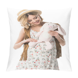 Personality  Smiling Pregnant Hippie Woman Holding Toy Rabbit Isolated On White Pillow Covers
