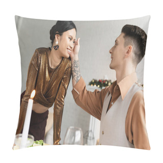 Personality  Tattooed Man Stroking Hair Of Asian Wife Near Festive Dinner On Dining Table During Christmas Celebration  Pillow Covers