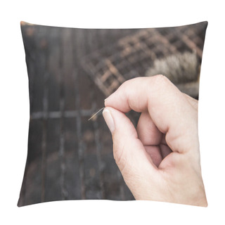 Personality  Person Hand Show Loose Bristle Form Bristol Grill Cleaning Brush. Danger When It Sticks To Meat And Person Accidentally Swallows It. Digestion Damage, Life Threatening Situation At Home Concept. Pillow Covers