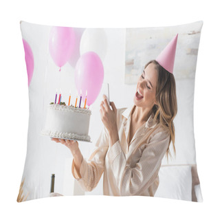 Personality  Cheerful Woman With Birthday Cake Taking Photo On Smartphone During Party At Home  Pillow Covers