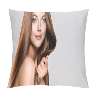 Personality  Beautiful Model Girl With Shiny Brown Straight Long  Hair . Care And Hair Products . Pillow Covers