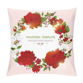 Personality  Vintage Card With Red Roses, Peony, Camomile. Floral Invitation Pillow Covers