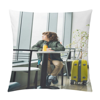 Personality  Boy Sitting On Chair Near Yellow Suitcase And Looking Through Window In Waiting Hall In Airport Pillow Covers