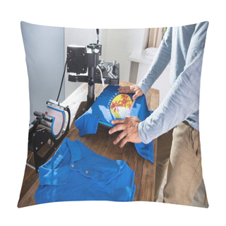 Personality  Man Printing Image On T-Shirt In Workshop Pillow Covers