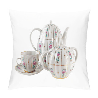 Personality  Porcelain Teapot, Teacup And Sugar-bowl With Floral Roses Ornament In Retro Style Isolated Over White Background Pillow Covers