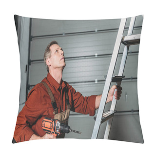 Personality  Repairman Climbing With Screwdriver On Ladder In Garage Pillow Covers