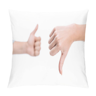 Personality  Cropped Image Of Woman And Man Showing Thumb Up And Thumb Down Isolated On White Pillow Covers