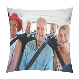 Personality  Portrait Of Senior Friends Sitting In Back Of Van Being Driven To Vacation Pillow Covers