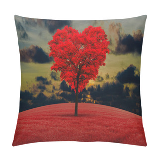 Personality  Red Heart-shaped Tree In The Field Against The Background Of A Decline. Pillow Covers
