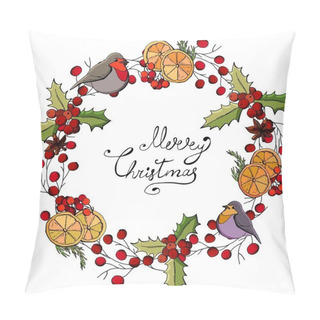 Personality   Beautiful Wreath With Christmas Decoration. Round Garland Decorated With Seasonal Festive Elements. Calligraphy Phrase Merry Christmas. For The Season, Greeting Cards, Posters, Advertising. Pillow Covers