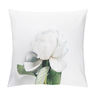 Personality  Top View Of Blue And White Peony With Green Leaves On White Background Pillow Covers