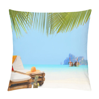Personality  Straw Hat On Sunbed On The Beach Pillow Covers