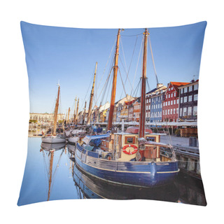 Personality  COPENHAGEN, DENMARK - MAY 6, 2018: Moored Boats At Harbor Near Buildings In Copenhagen, Denmark Pillow Covers