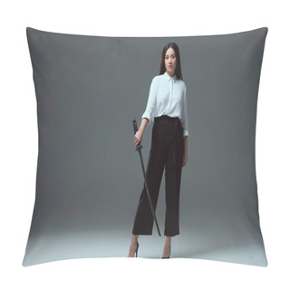 Personality  Full Length View Of Beautiful Young Asian Woman Holding Katana And Looking At Camera On Grey  Pillow Covers