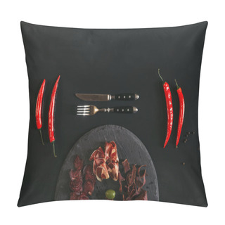 Personality  Top View Of Gourmet Assorted Meat On Slate Board, Fork With Knife And Chili Peppers On Black  Pillow Covers