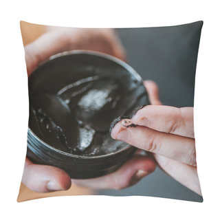 Personality  Close Up Of Barber Holding Jar With Black Hair Pomade  Pillow Covers