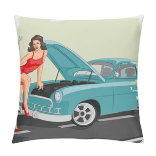 Personality Retro Woman Fixing Car In Garage Pillow Covers