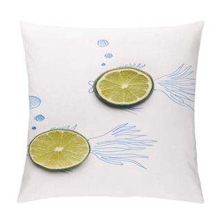 Personality  Top View Of Lime Slices On Fishes Drawing On White Pillow Covers
