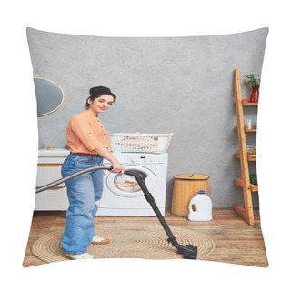 Personality  A Stylish Woman In Casual Attire Effortlessly Cleans The Floor Using A Vacuum Cleaner. Pillow Covers