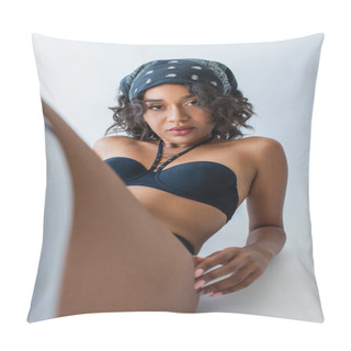 Personality  Trendy Young African American Woman In Swimsuit And Bandana Posing On Grey Pillow Covers