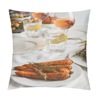 Personality  Grilled Carrot With Rosemary Near Glasses With Rose Wine And Lemon Water On White Tablecloth Pillow Covers