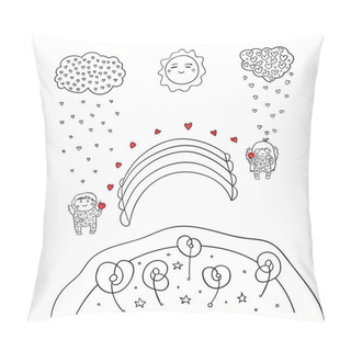 Personality  Two Loving People Pass Their Hearts To Each Other , They Are Happy. Cartoon Art Pillow Covers