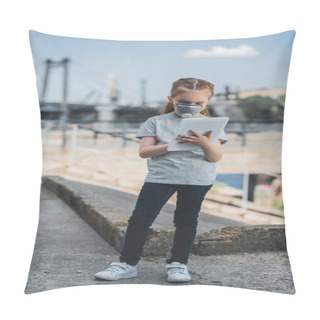 Personality  Child In Protective Mask Using Tablet On Street, Air Pollution Concept Pillow Covers