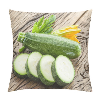 Personality  Zucchini With Slices And Zucchini Flowers On A Wooden Table. Pillow Covers