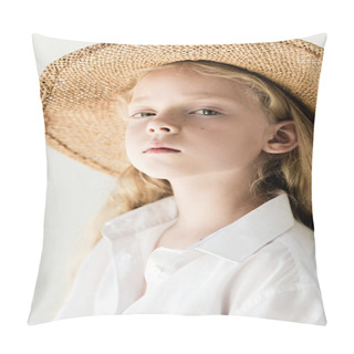 Personality  Portrait Of Beautiful Child In Straw Hat Looking At Camera On White  Pillow Covers