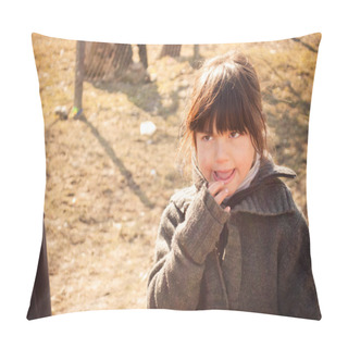 Personality  SEREDNIE, UKRAINE - MARCH 09, 2011: Little Romani Girl Concockting A Plan Pillow Covers