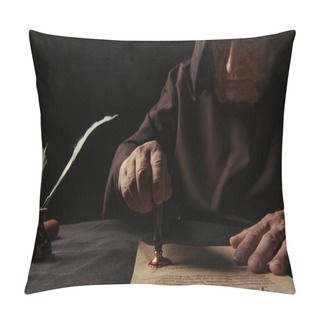 Personality  Medieval Monk In Dark Robe With Hood Stamping Parchment With Wax Seal Isolated On Black Pillow Covers