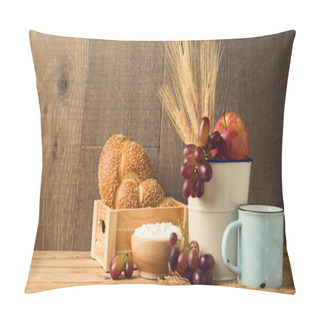 Personality  Cup Of Milk, Fruits And Bread On Wooden Table. Jewish Holiday Shavuot Concept. Pillow Covers