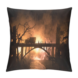 Personality  War Concept. Military Silhouettes Fighting Scene On War Fog Sky Background, World War Soldiers Silhouette Below Cloudy Skyline At Night. Battle In Ruined City. Selective Focus Pillow Covers